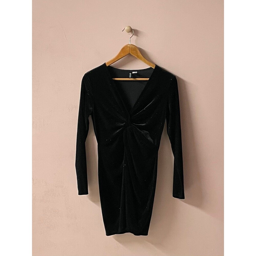 H&M Divided Black Velvet Ruched V-Neck Shimmer Long Sleeve Mini Dress Size M